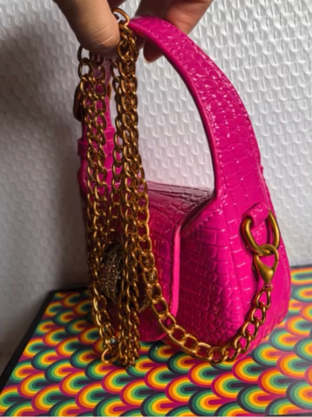 Hot Pink Croc-Embossed Mini Shoulder Bag with Gold Chain 5.5inch by 4inch - Picture 6 of 11